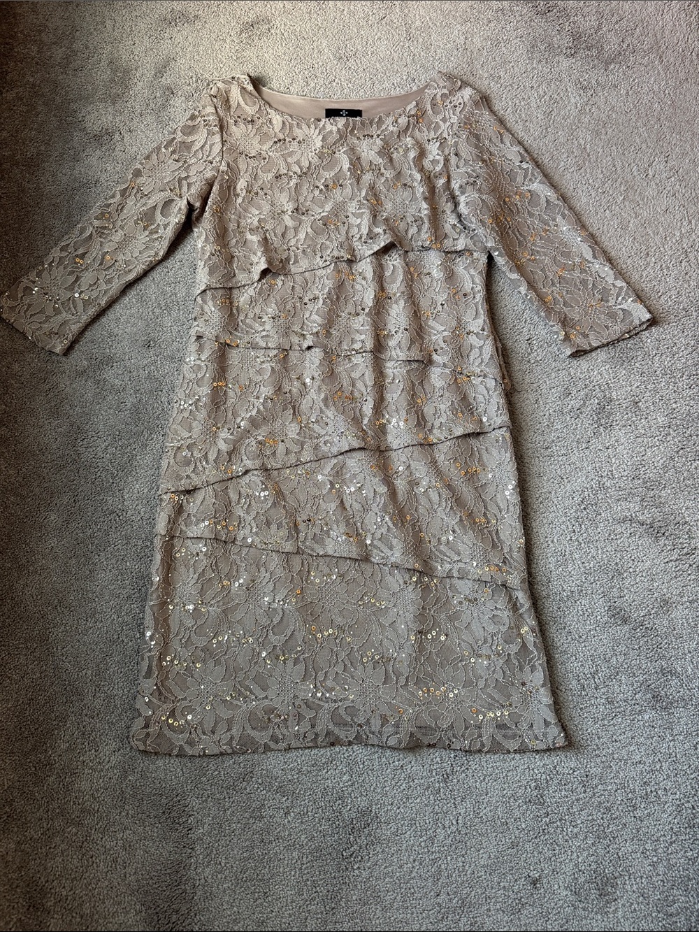 Ronni Nicole Taupe Sequin Lace Cocktail Dress SIZE 12 3/4 Sleeve Party Formal